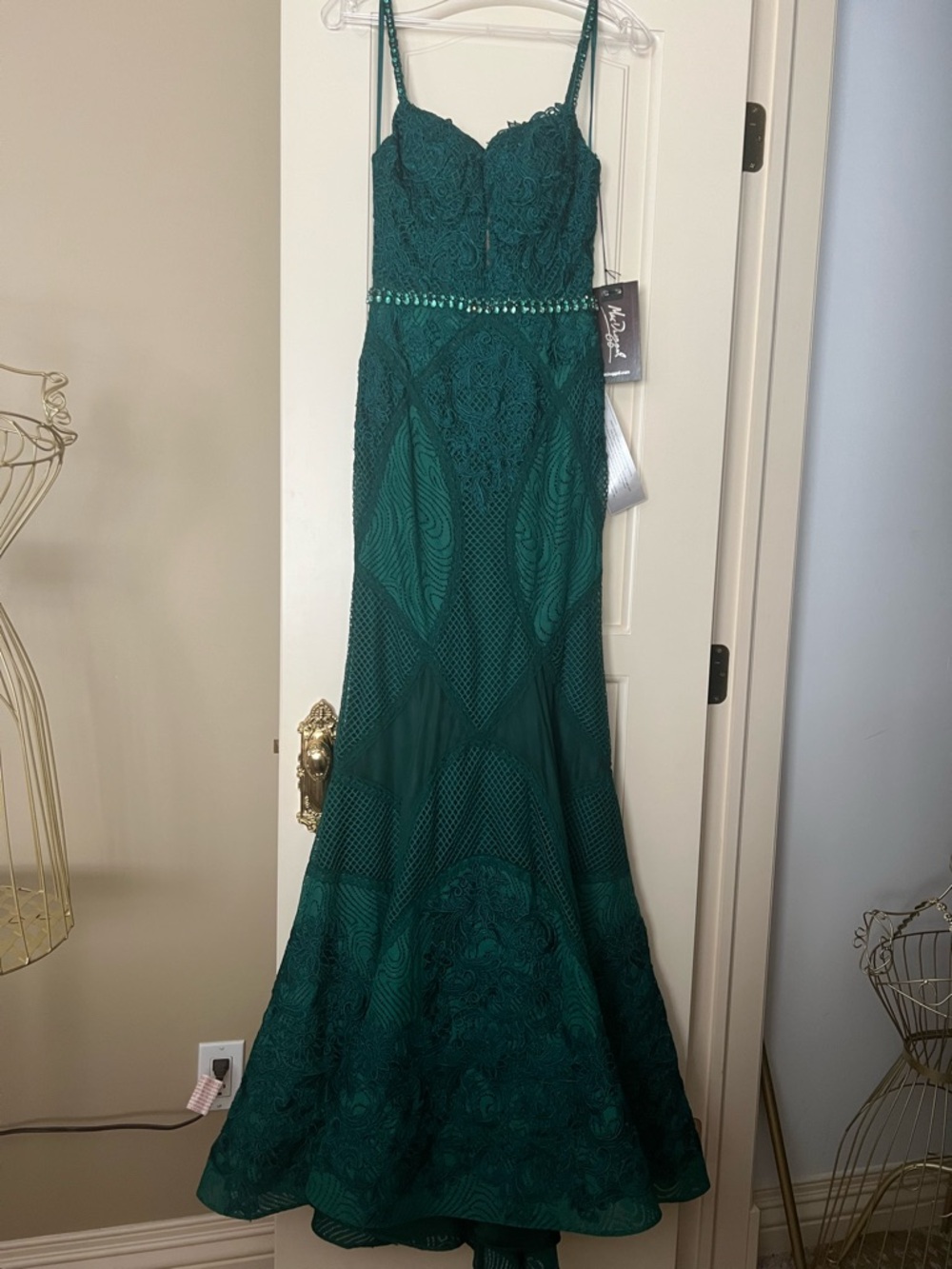 Mac Duggal Emerald Green Beaded Lace Evening Gown